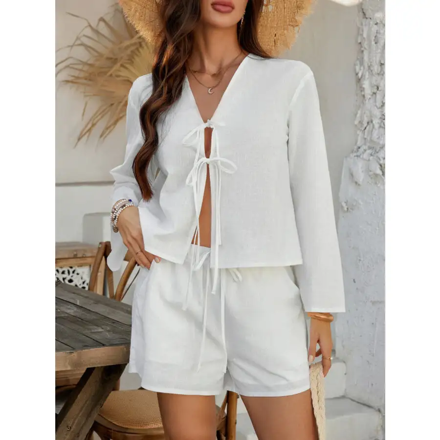 Double Tied V Neck Top and Shorts Set