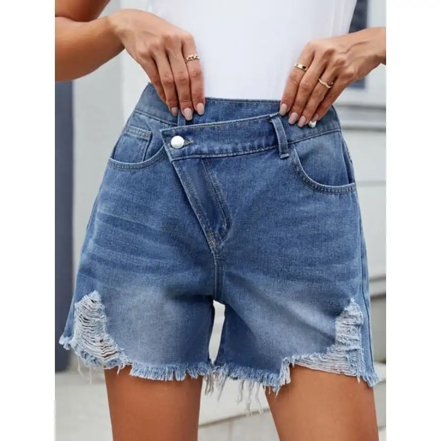 Distressed Raw Hem Asymmetrical Waist Denim Shorts