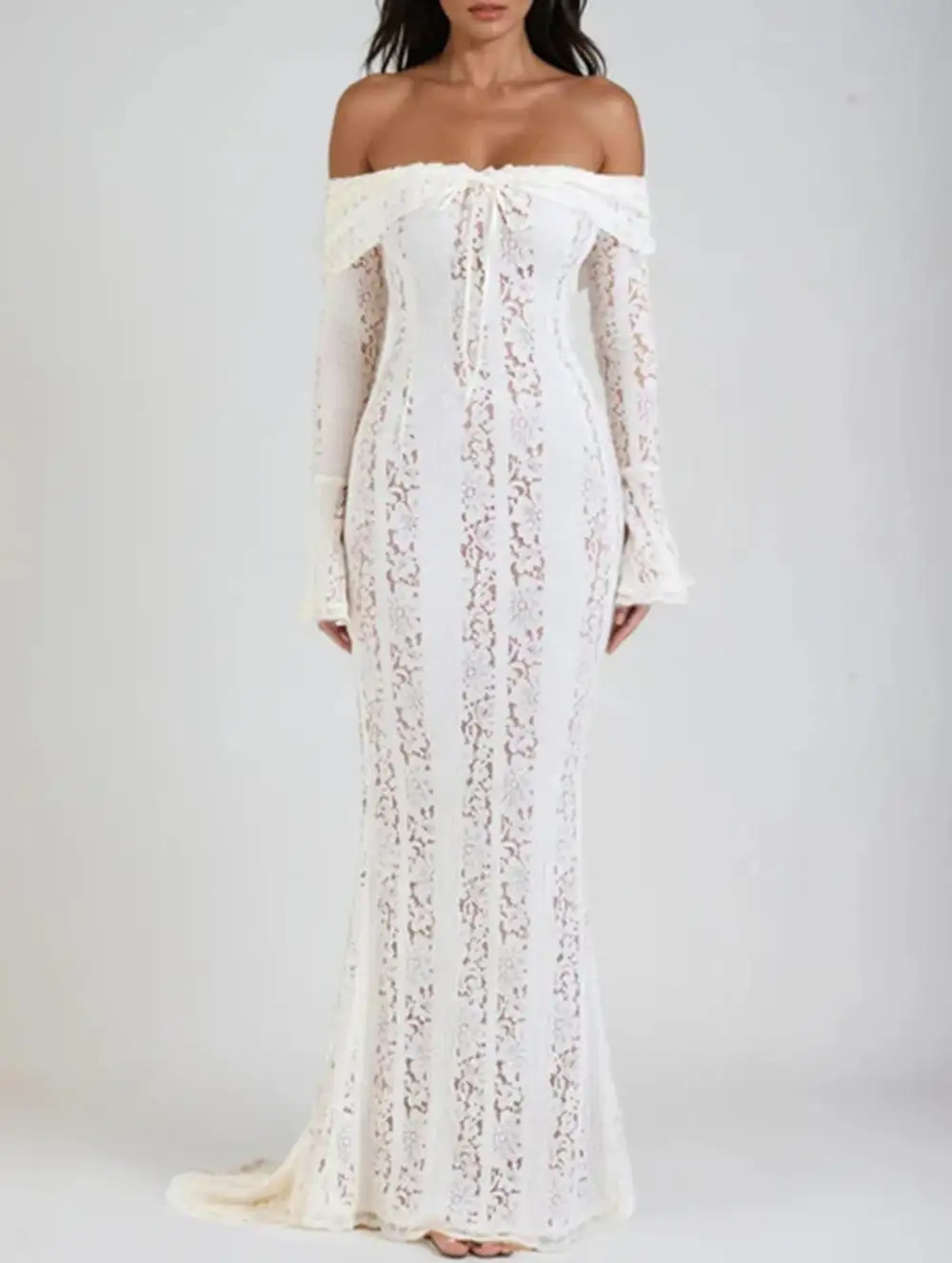Lace Off Shoulder Bell Sleeve Evening Dress