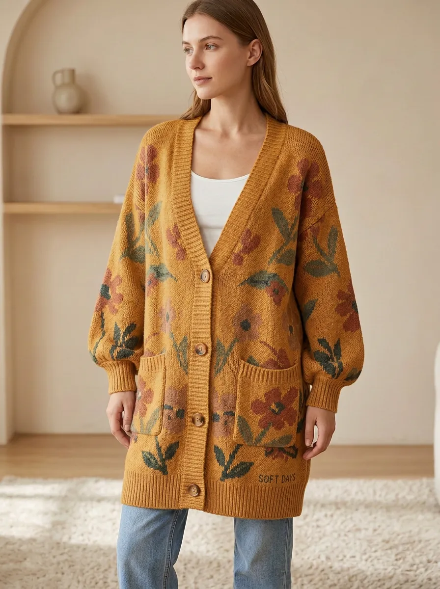Women's Floral Pattern Soft Days Print Knit Long Cardigan