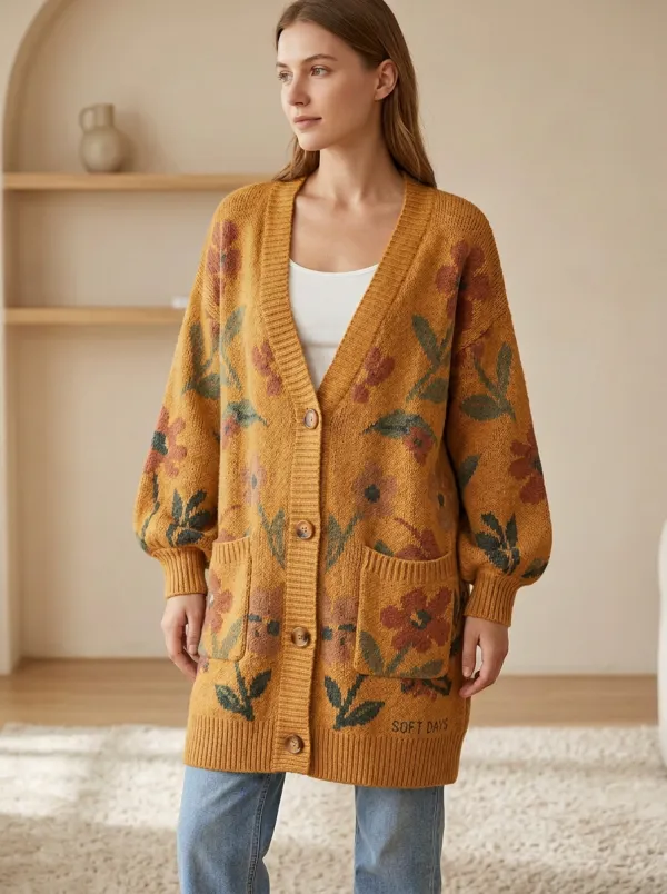Women's Floral Pattern Soft Days Print Knit Long Cardigan