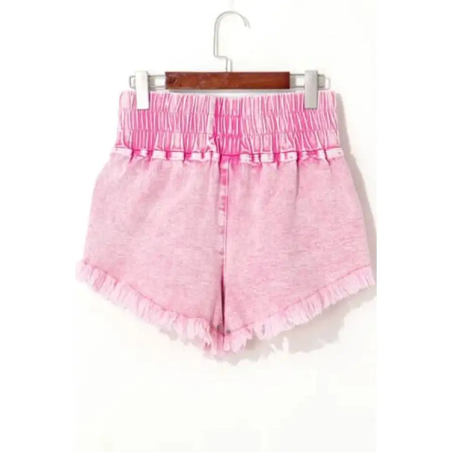 Washed Wide Smocked Waistband Frayed Denim Shorts