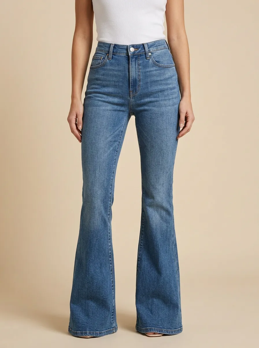 Women's High-Waisted Denim Flare High-Rise Waist Standard Button Jeans