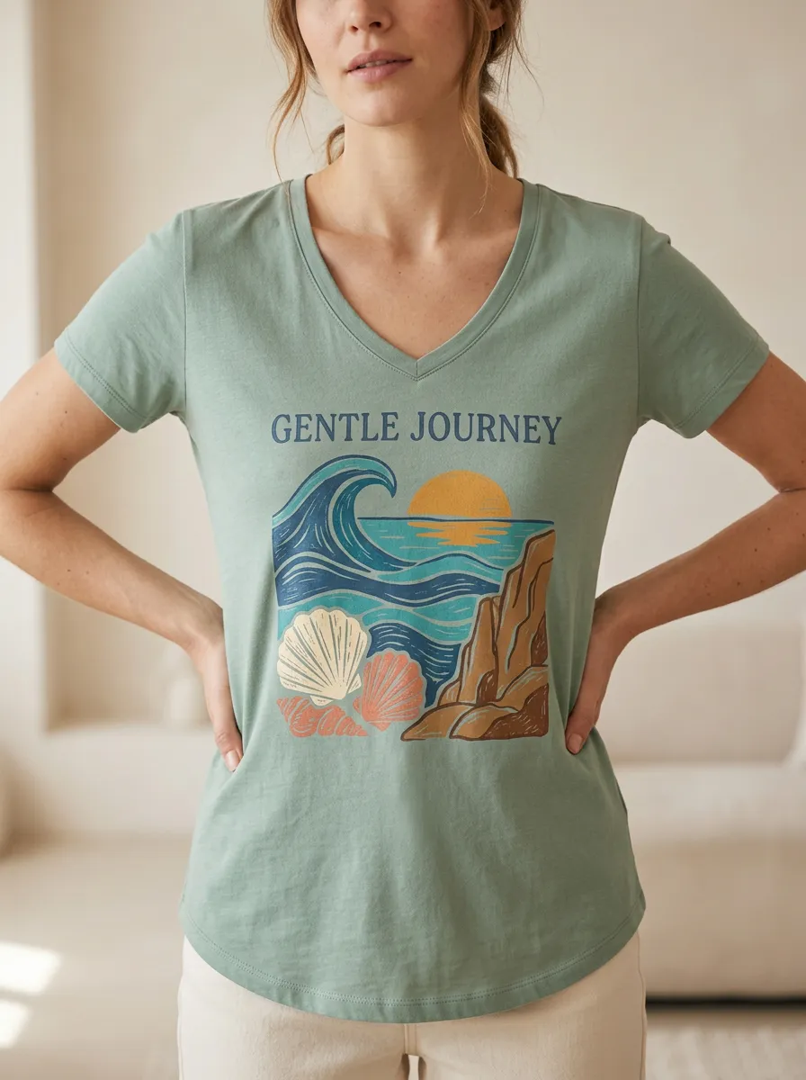 Women's Beach Gentle Journey Ocean Wave Seashell Print T-Shirt