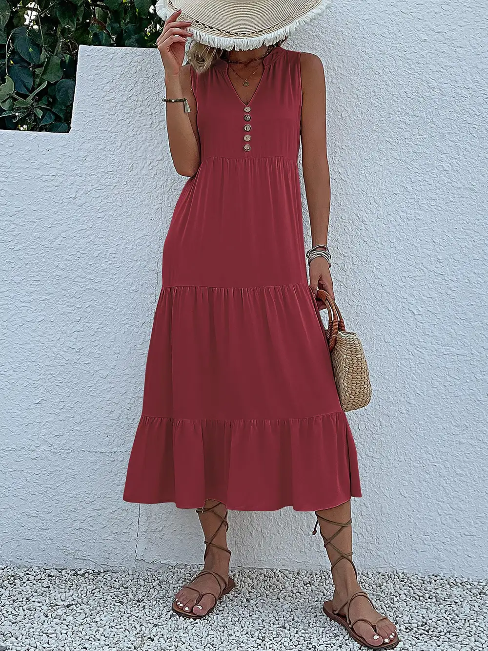 Notch-Neck Buttoned Sleeveless Tiered Midi Dress