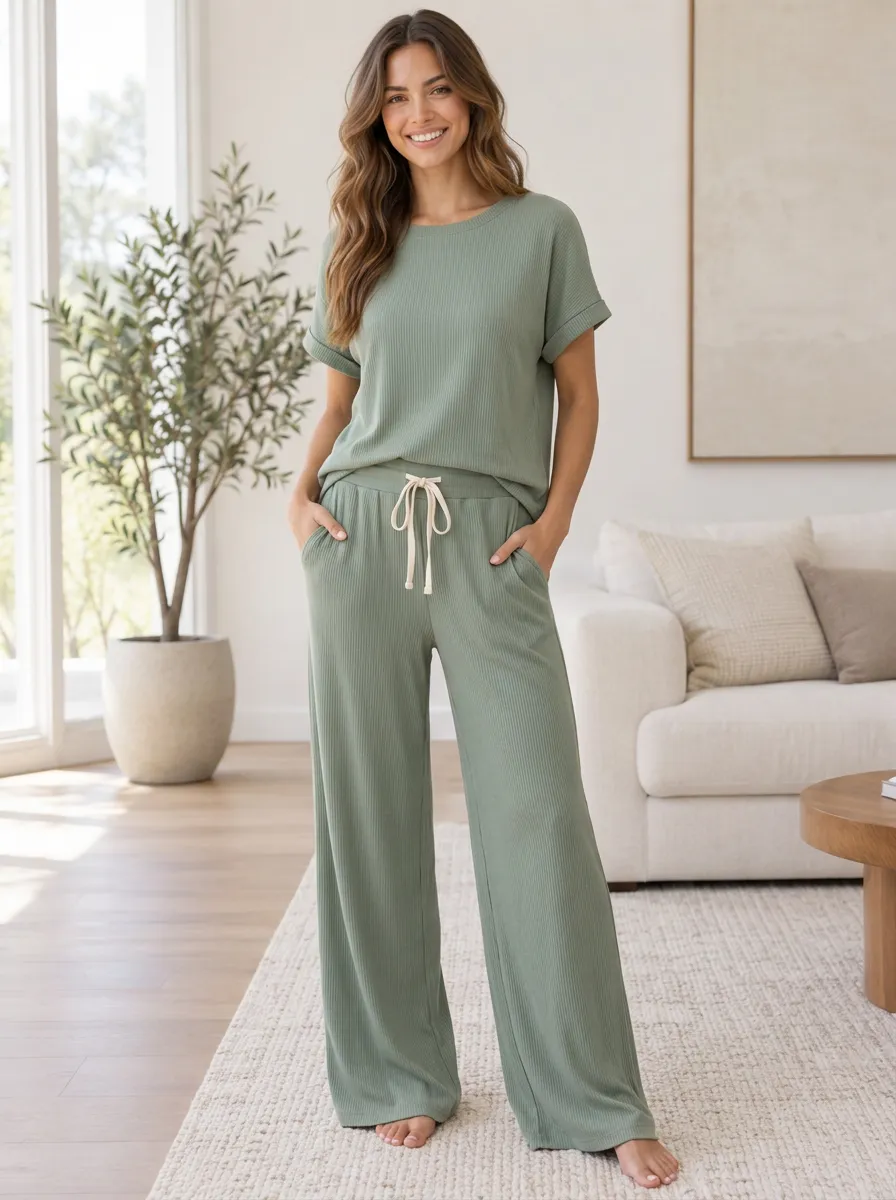 Ribbed Women's Wide Leg Homewear Set