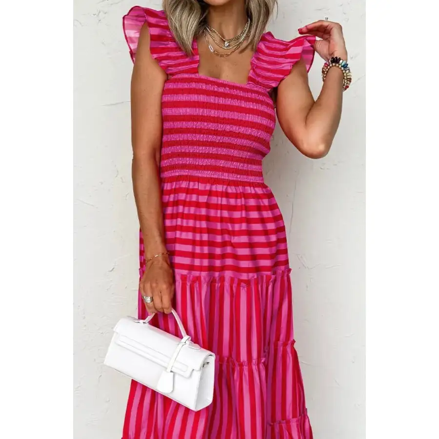 Stripe Flutter Sleeve Smocked Bodice Tiered Maxi Dress