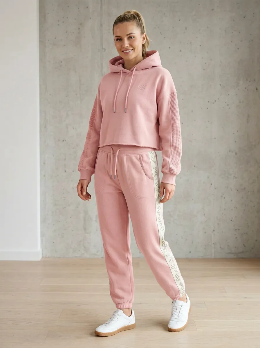 Women's Sage Green Botanical Side-Stripe Printed Hooded Tracksuit