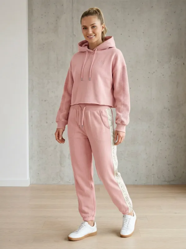 Women's Sage Green Botanical Side-Stripe Printed Hooded Tracksuit