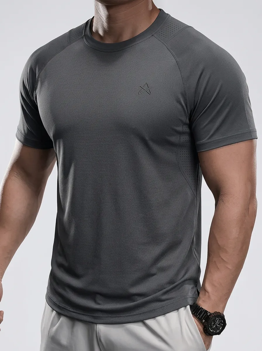 Men's Emblem Athletic Mesh Textured Raglan Performance Sport Crewneck T-Shirt