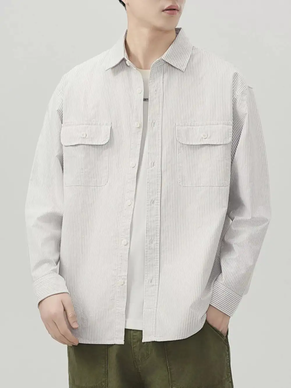 Tailored Long-Sleeve Striped Button-Up Shirt