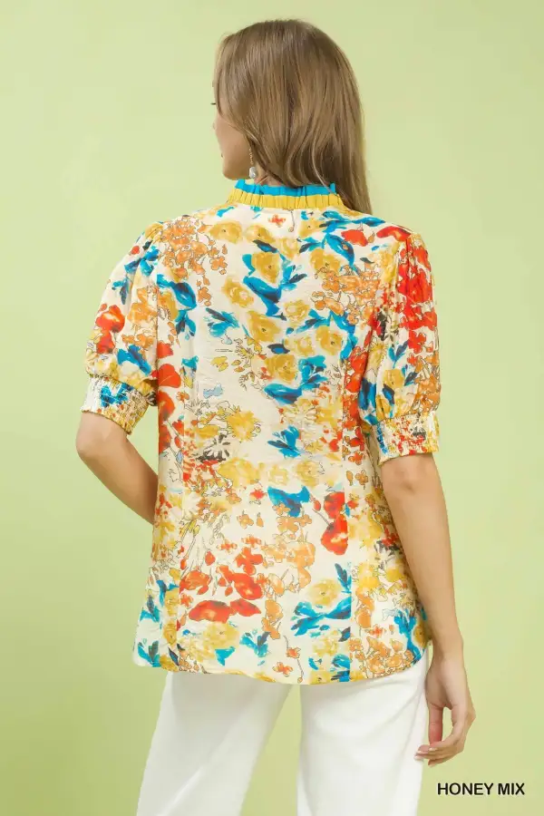Floral Print V-Neck Contrast Trim Frill Puff Sleeve Top