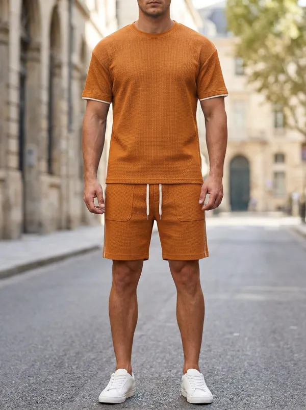 Casual Waffle Texture Textured Detail Wardrobe Men's T-Shirt And Shorts Set