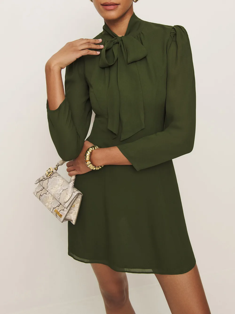 Tie Neck Long Sleeve Mini Dress
