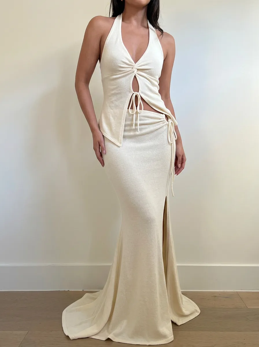 Women's Sexy Halter Cutout Tie-Front Maxi Skirt Two-Piece Set