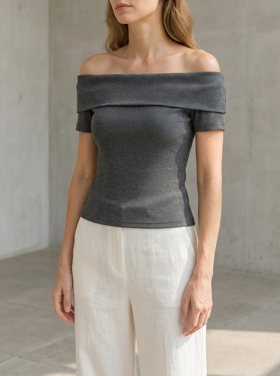Women's Relaxed Casual Solid Ribbed Off-Shoulder Top
