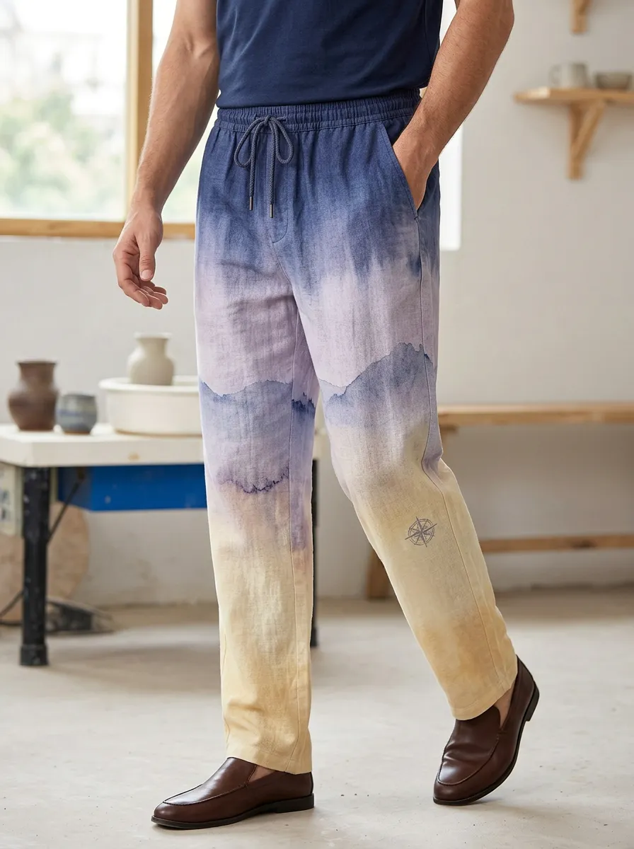 Men's Travel Adventure Compass Watercolor Gradient Printed Pants