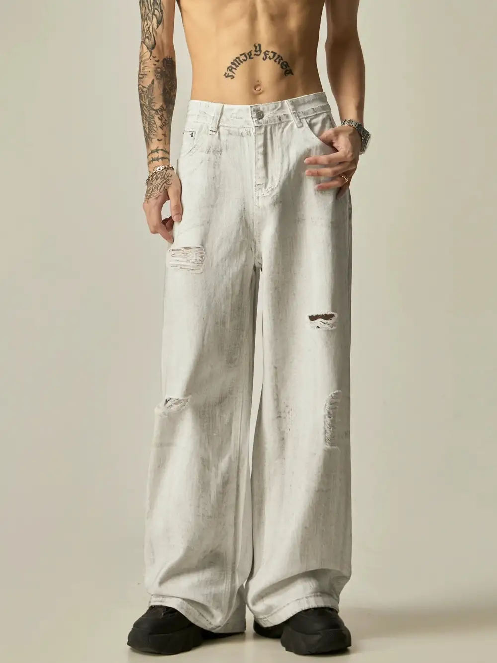 Distressed Wide-Leg Denim Jeans