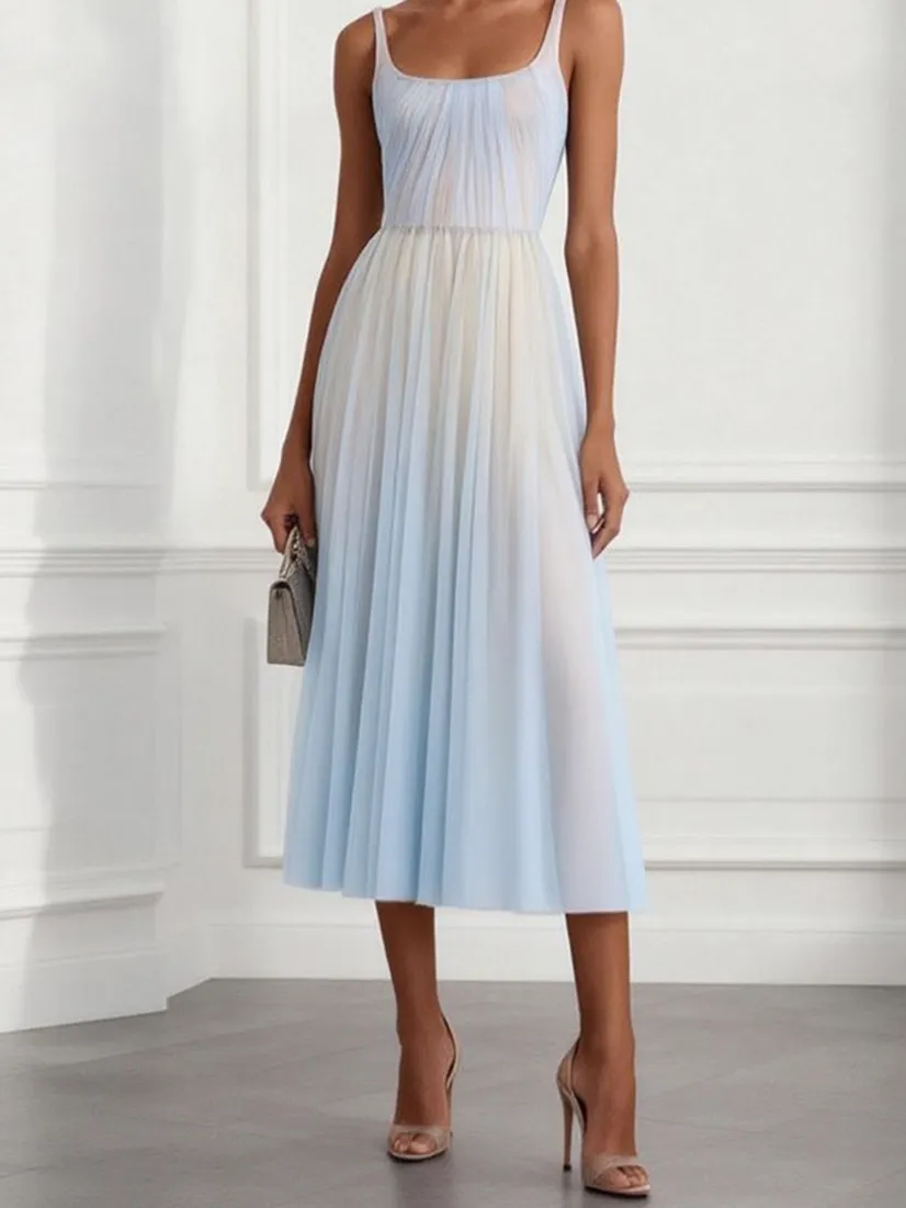 Elegant Pleated Gradient Spaghetti Strap Midi Dress