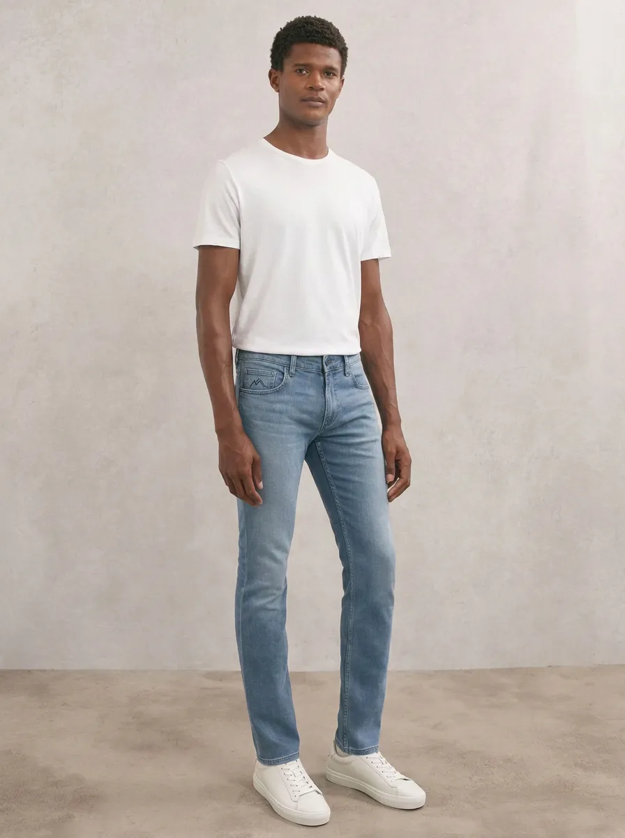 Men's Modern Everyday Mountain Logo Embroidered Stretch Denim Jeans