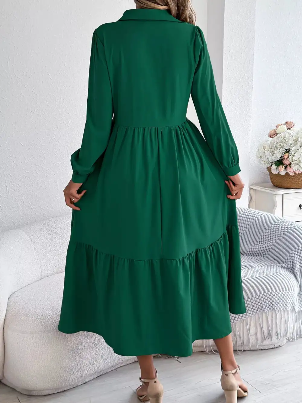 Button Front Tiered Long Sleeve Midi Dress