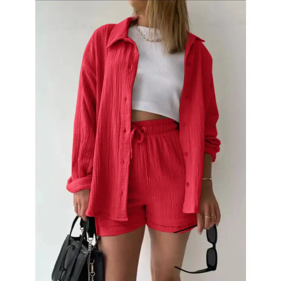 Textured Button Up Shirt and Shorts Set