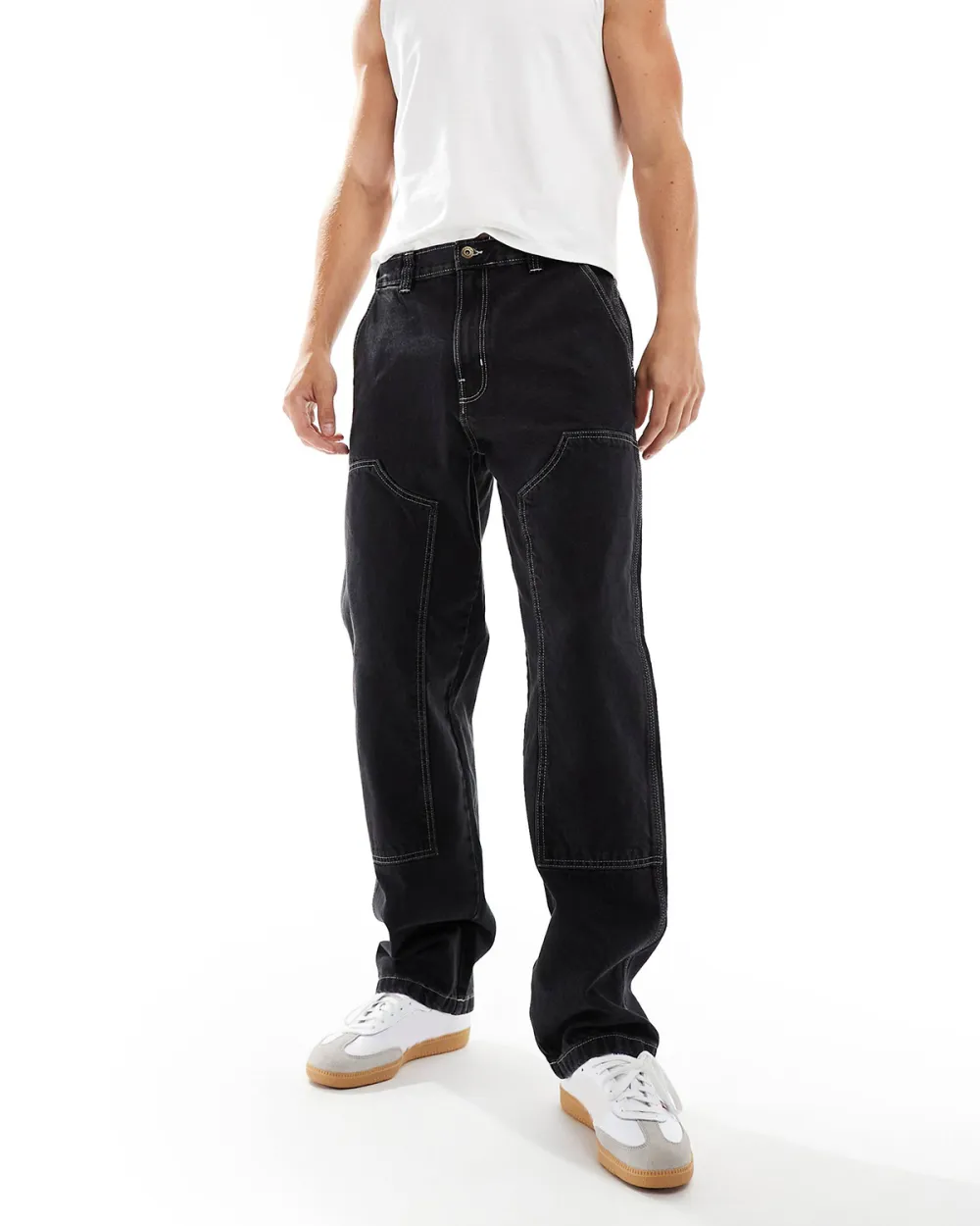 Baggy Fit Double Knee Denim Jeans In Sashed Black