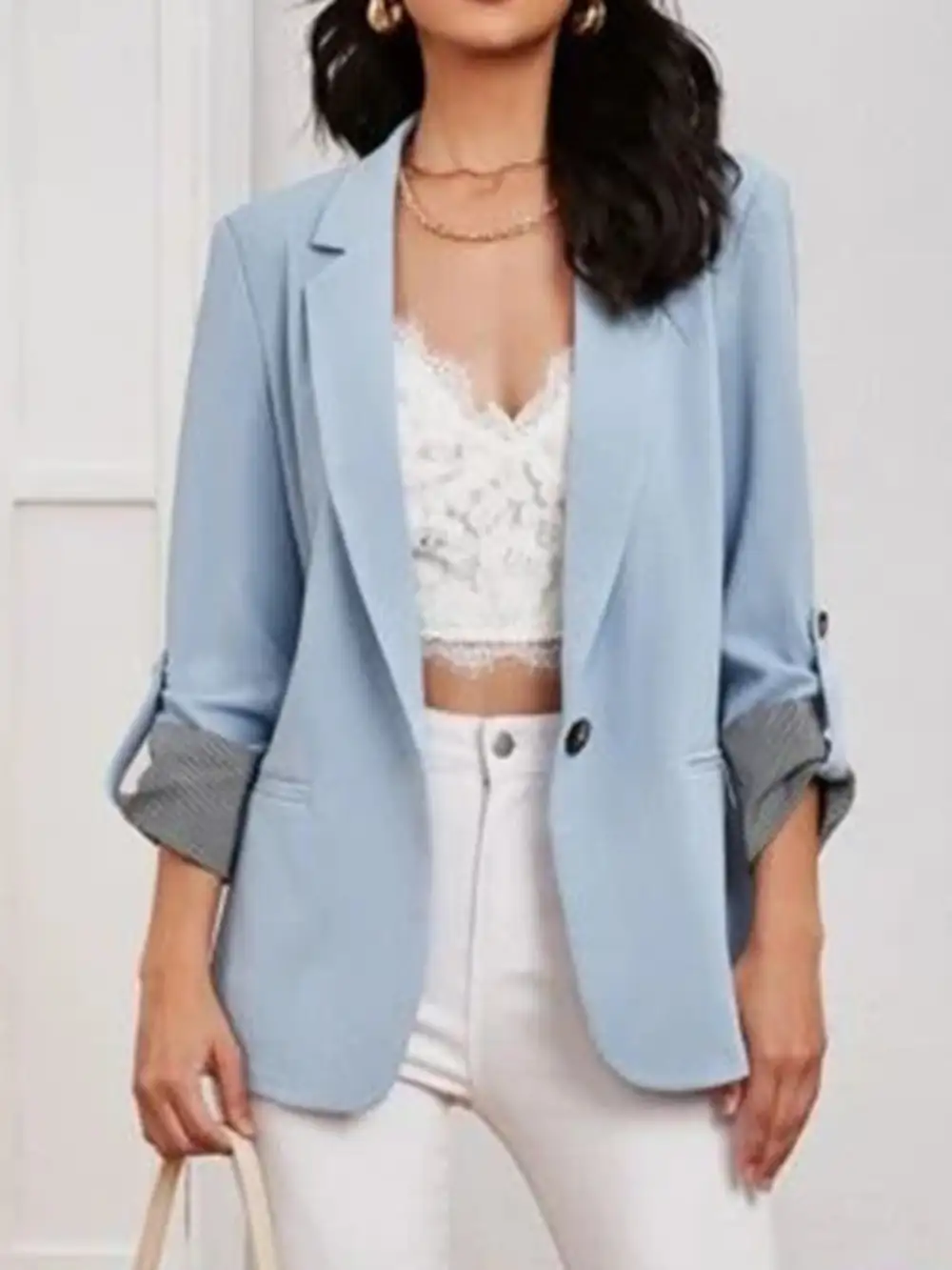 Lapel Collar Roll Tab Sleeve Blazer