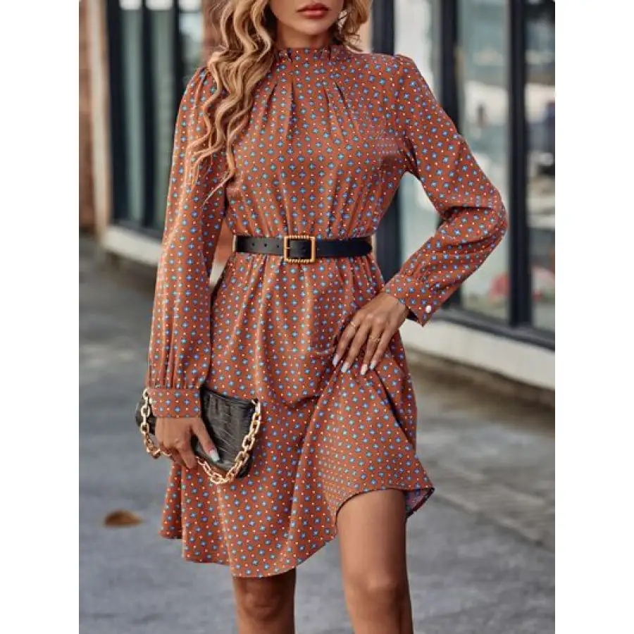 Printed Ruched Mock Neck Long Sleeve Dress