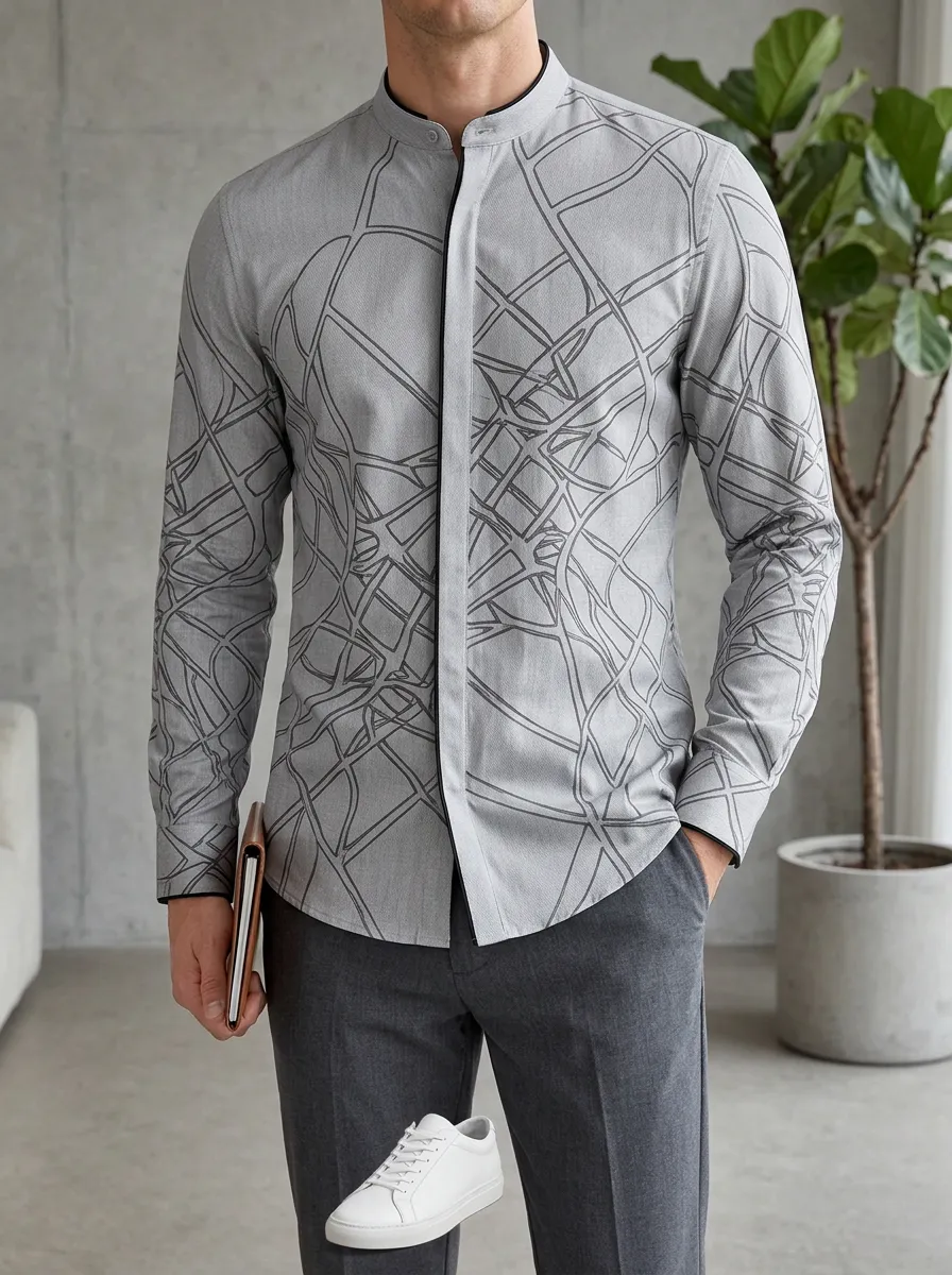 Men's Abstract Geometric Lines Printed Slim Fit Mandarin Collar Shirt