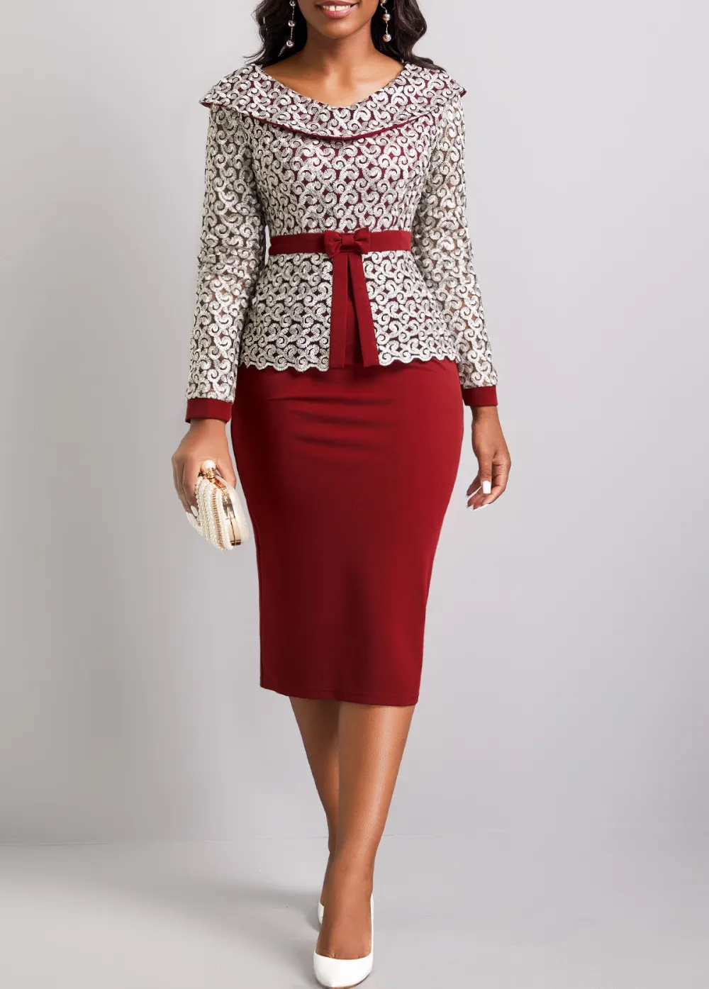Wine Red V Neck Embroidered Bodycon Dress