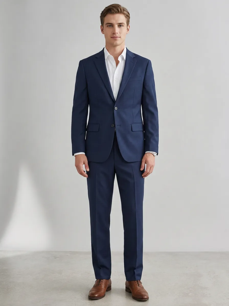 Men's Short Sleeve Business Formal Navy Blue Solid Color Suit Set