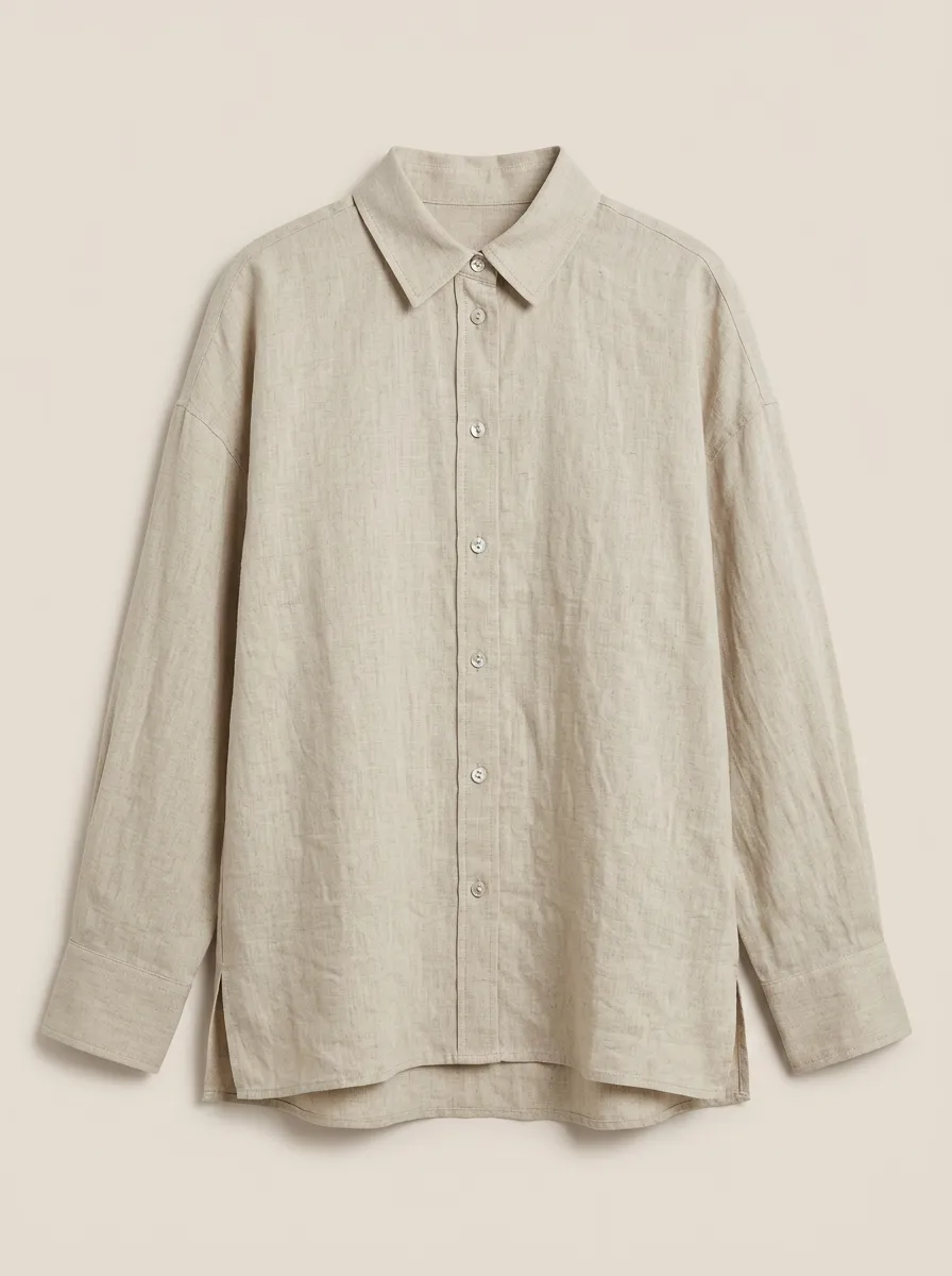 Women's Casual Minimalist Beige Linen Blend Button Down Shirt