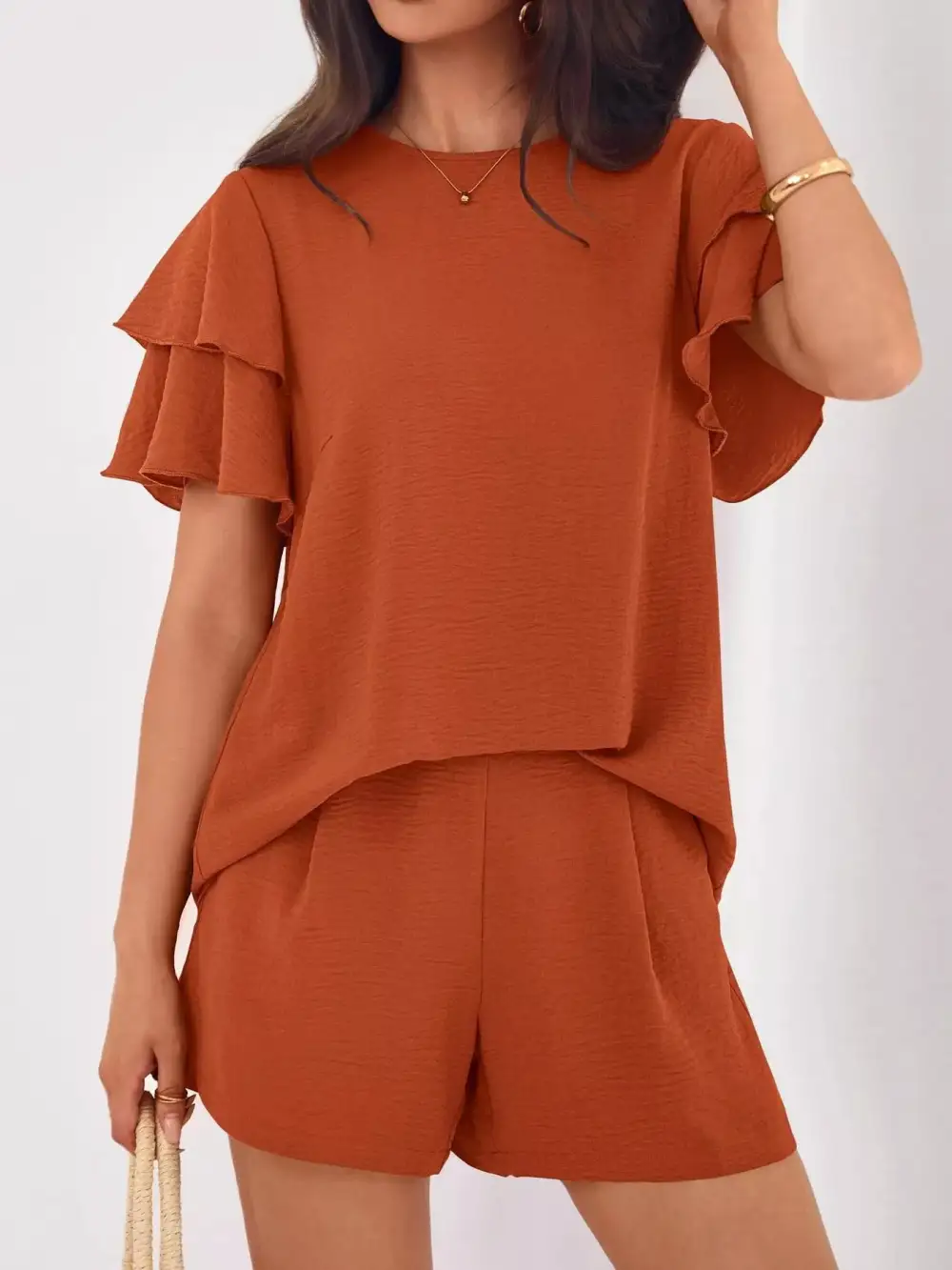 Ruffle Sleeve Top and Shorts Two-piece Set Everyday Look