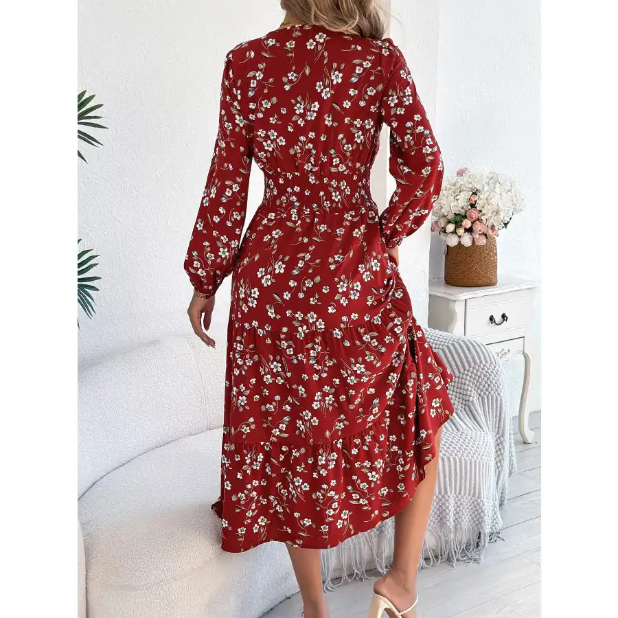 Floral Print Long Sleeve V Neck Midi Dress