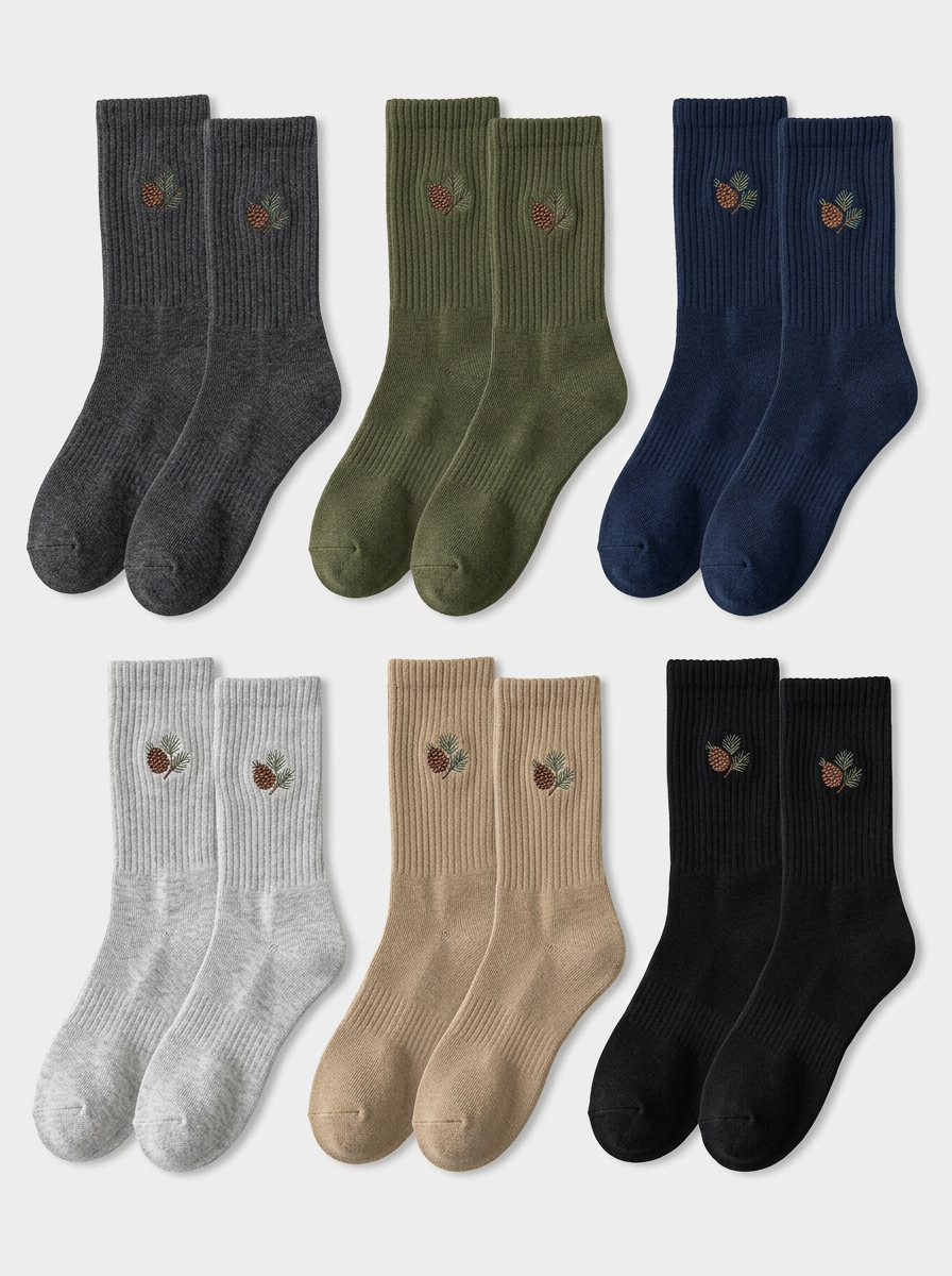 Men's Six-Pair Pinecone Embroidered Ribbed Crew Sock Set