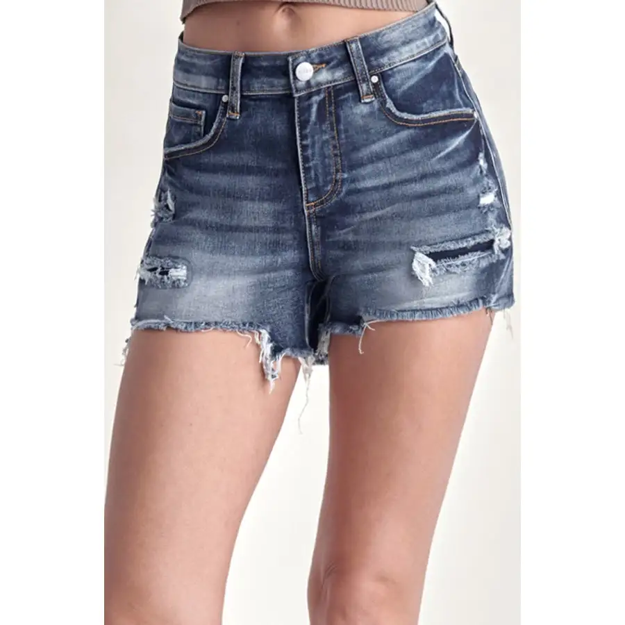 Mid Rise Raw Hem Denim Shorts