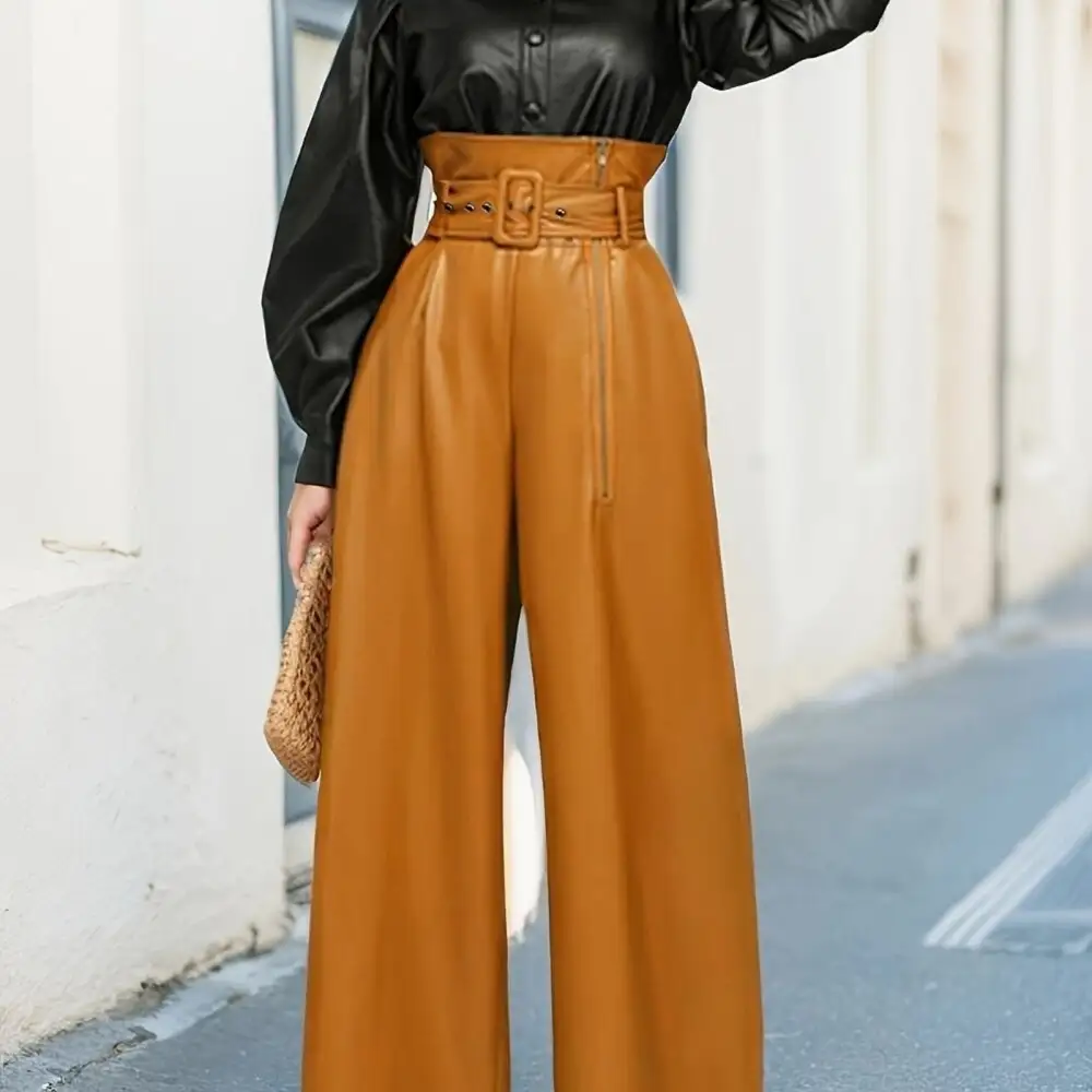 Belted Solid Color Faux Leather Zipper Pants Trousers