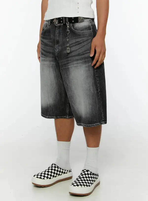 Men's Streetwear Washed Wide Leg Denim Shorts