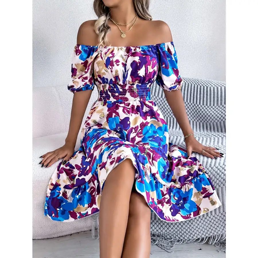Ruffled Hem Smocked Short Sleeve Midi Dress