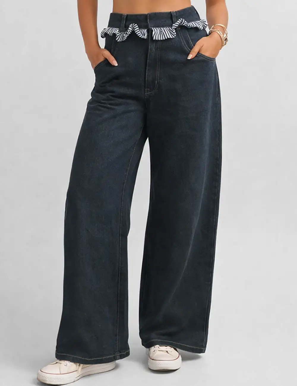 Checked Panel Button Pocket Barrel Leg Denim Pants