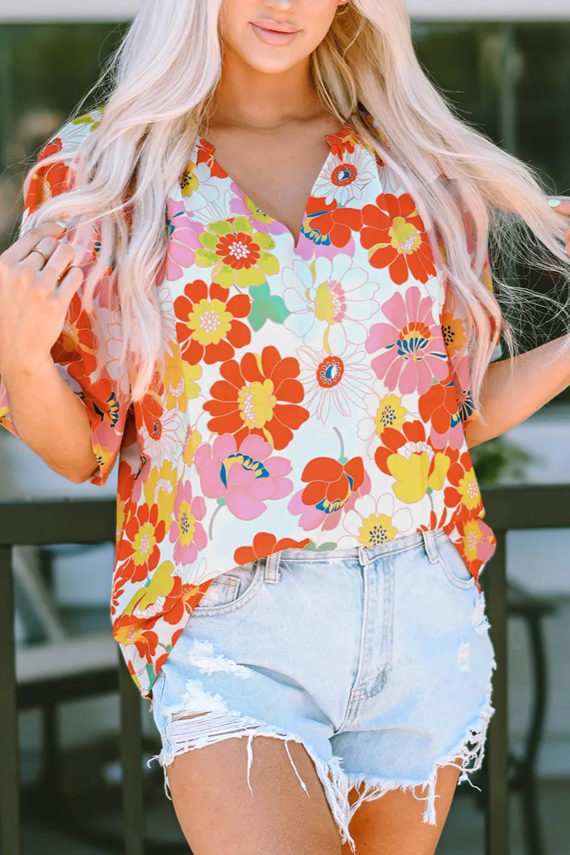 Floral Abstract Print V-Neck Blouse