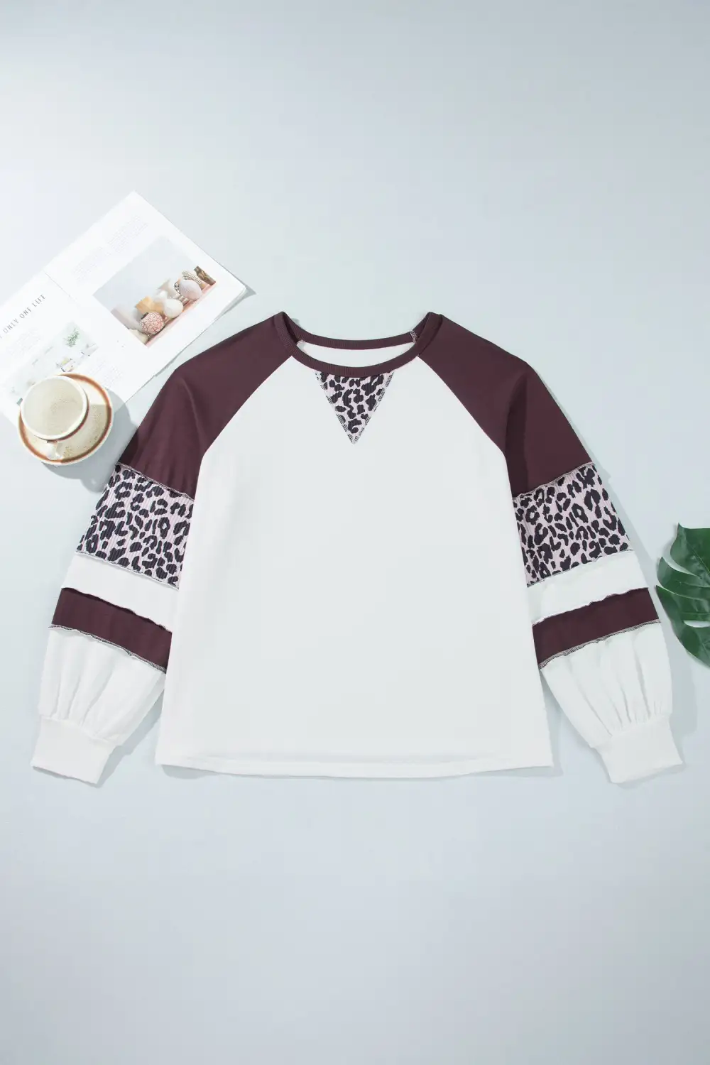 Leopard Print Round Neck Relaxed Cotton Blend Long Sleeve Top
