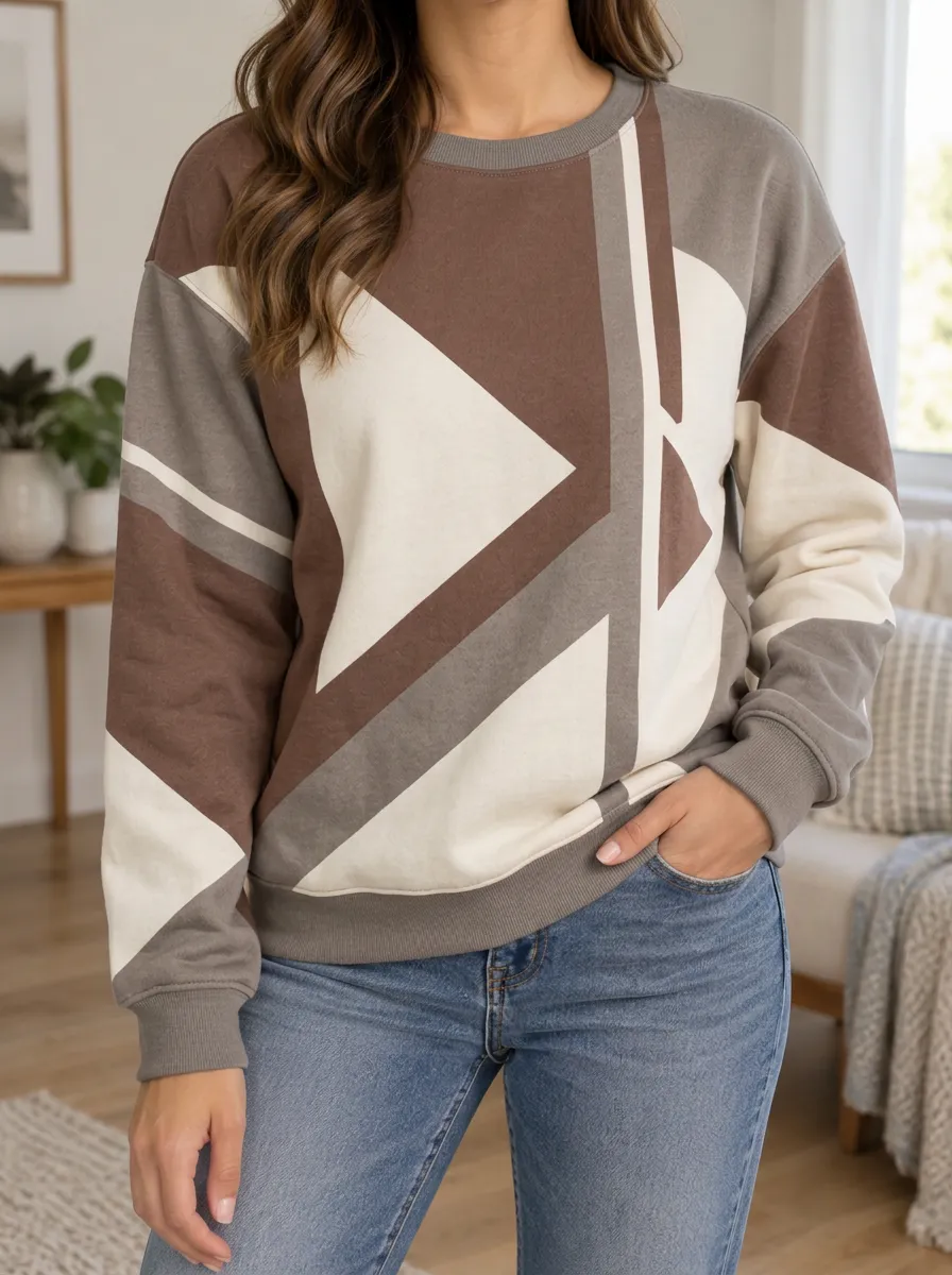 Women's Geometric Abstract Brown Printed Fleece Sweatshirt