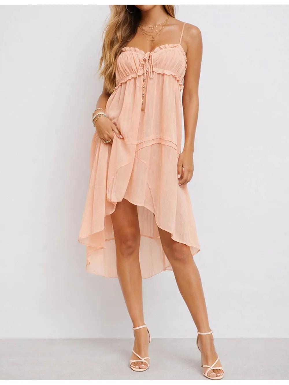 Neck Asymmetrical Layered Cami Midi Dress