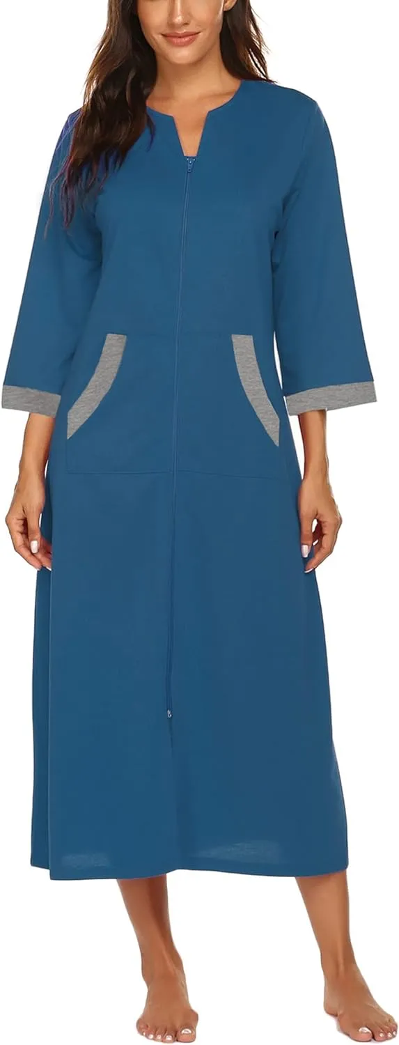 50% OFF Women Zipper Robe 3/4 Sleeves Loungewear Dress Full Length Sleepwear Pockets Housecoat Nightgown Long Bathrobe