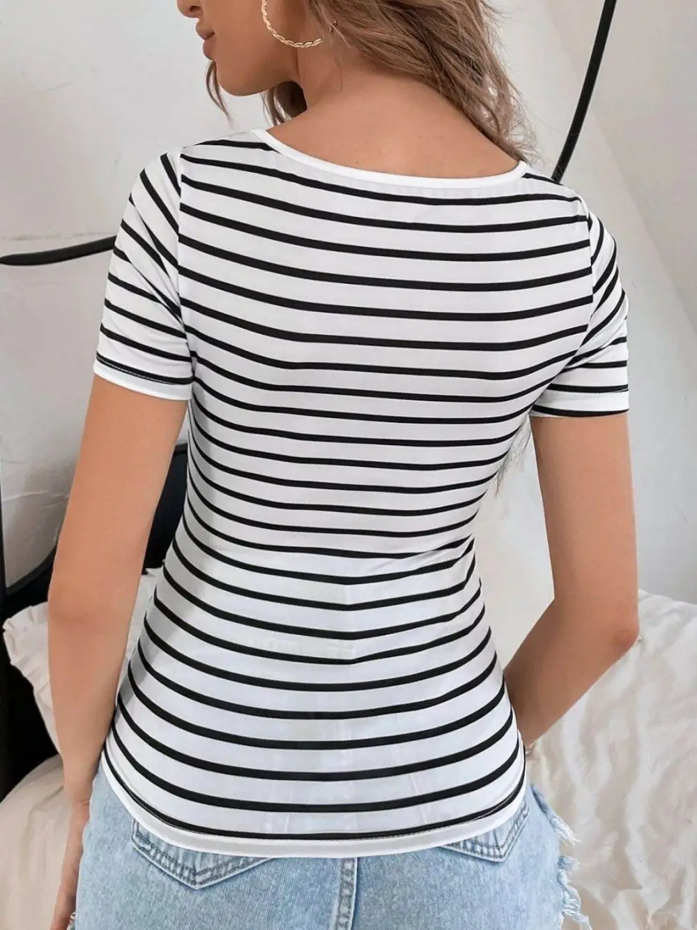 Stretch Striped V Neck Short Sleeve T-Shirt