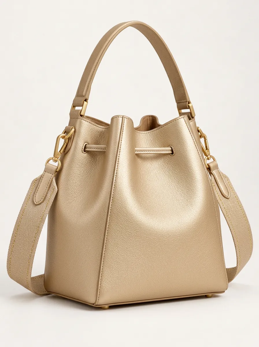 Women's Laid Back Gold Finish Bucket Style Bag with Metallic Gold Finish
