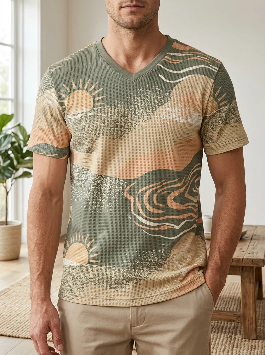 Men's Abstract Sun Landscape Printed V-Neck T-Shirt