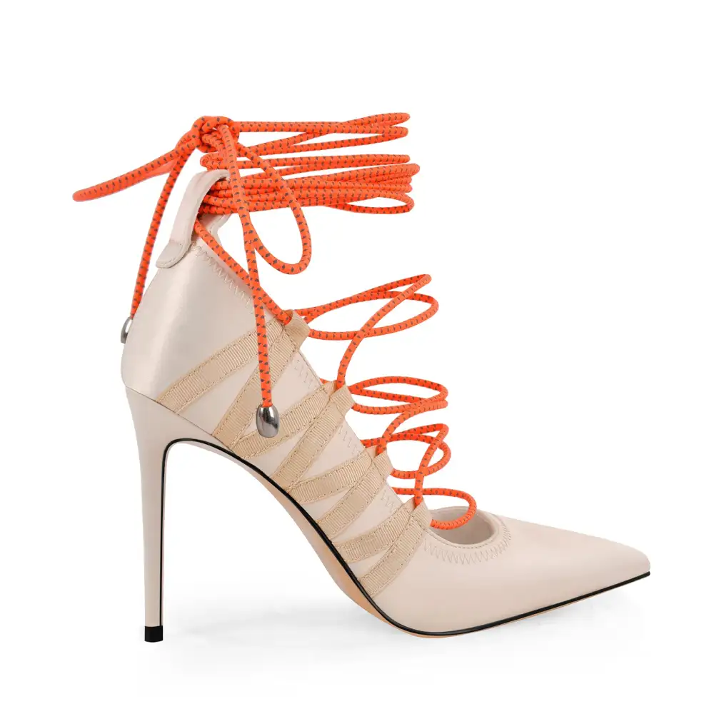 Modern Satin Finish Lace Detail Pointed Toe Stiletto Lace Up Pumps